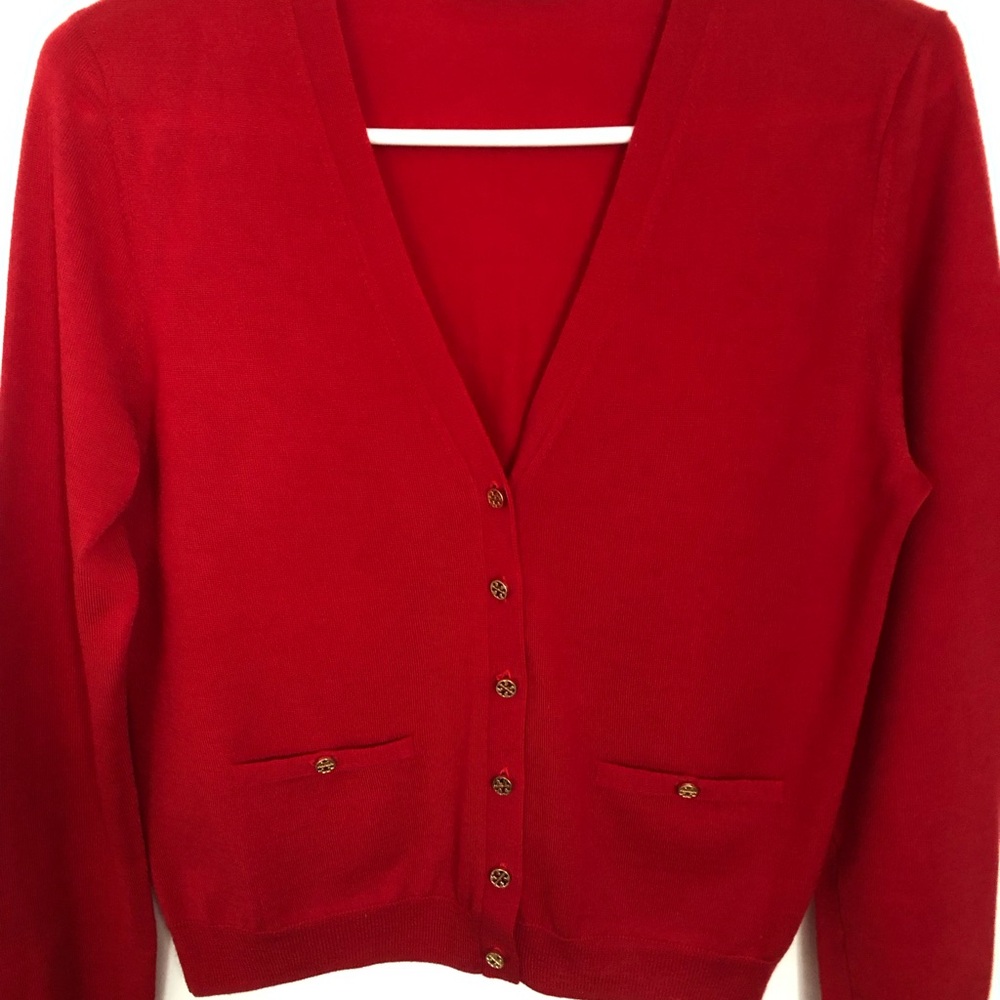 Tory Burch Red V-Neck Button Front Cardigan